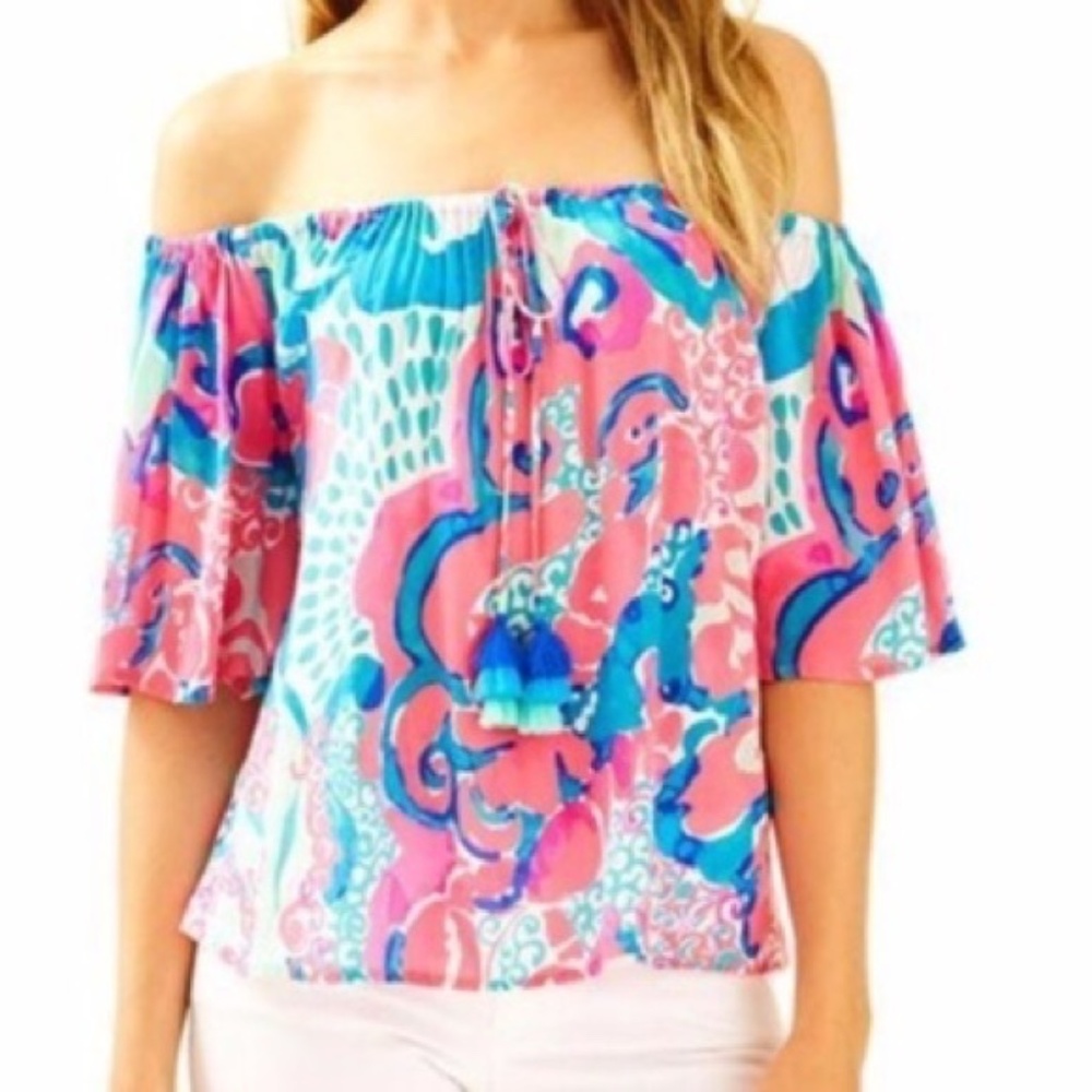 Lilly Pulitzer Sain Off the Shoulder Top Coral Reef Pink Blue Tassel Size M